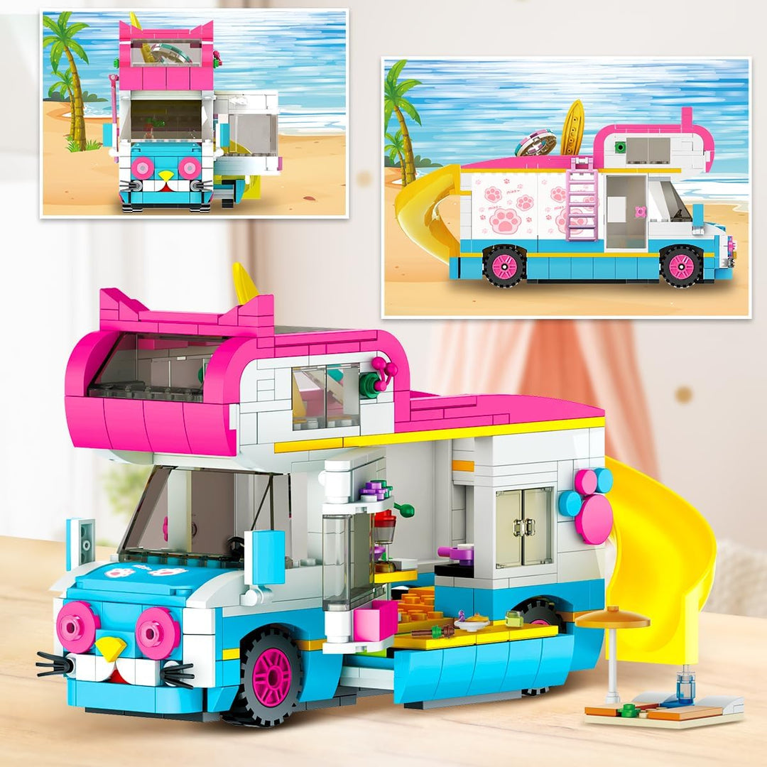 3-in-1 Wohnmobil Bausteine Spielzeug, Campingbus Wohnwagen Konstruktionsspielzeug mit Rutsche und Au