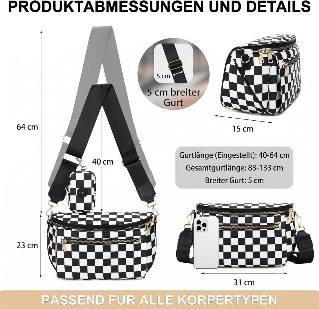 Eslcorri Wickeltasche Klein Umhängetasche Damen Kariert 8L Crossbody Bag | Bauchtasche mit Feuchttüc