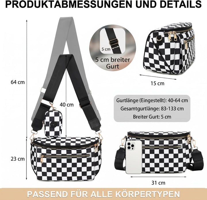 Eslcorri Wickeltasche Klein Umhängetasche Damen Kariert 8L Crossbody Bag | Bauchtasche mit Feuchttüc
