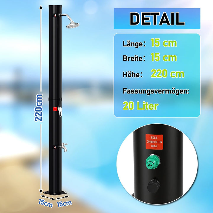 Solardusche 20L Solar Gartendusche warmes Wasser Bis Zu 60°C Ohne Stromanschluss Pooldusche Camping