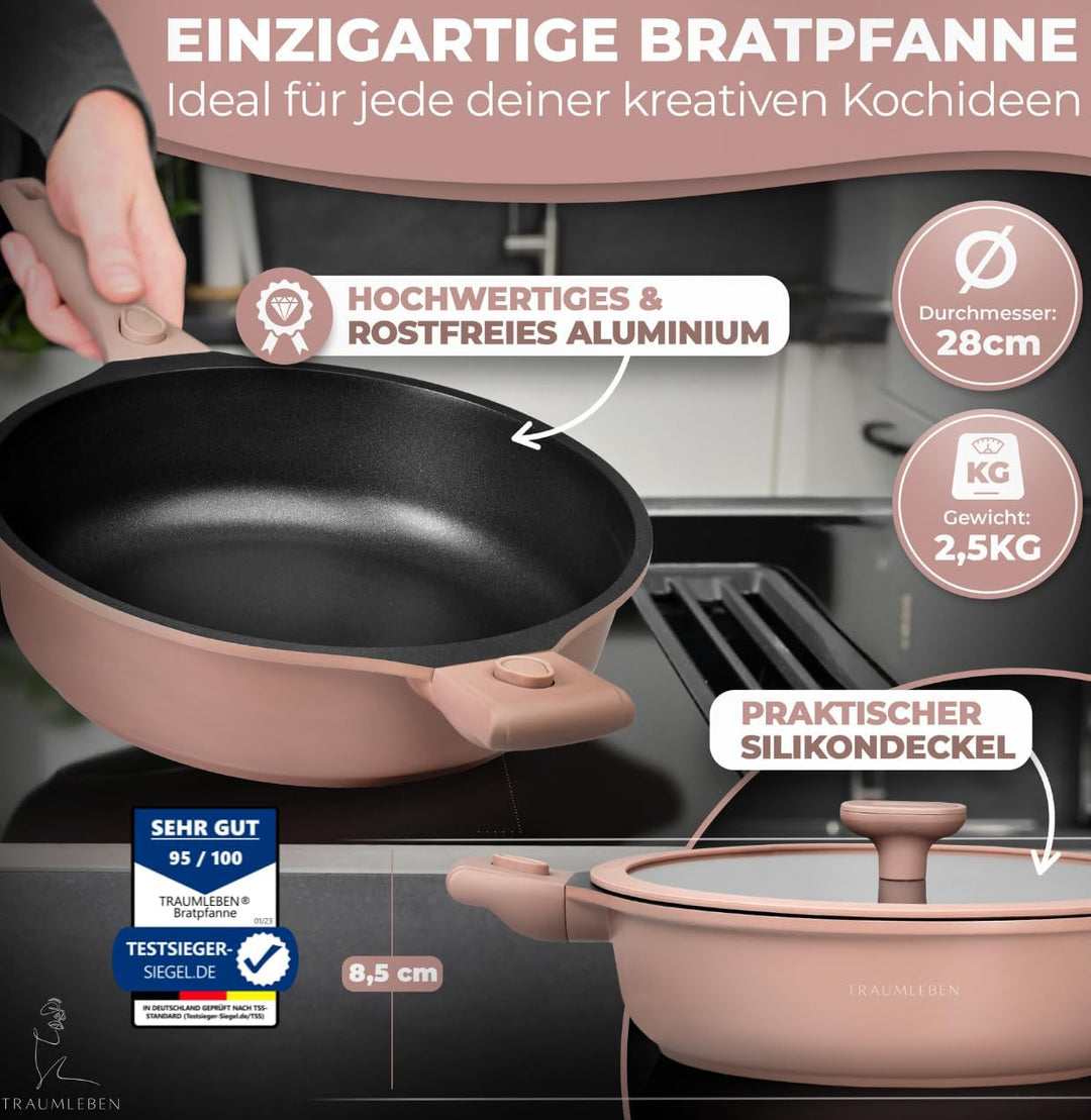 TRAUMLEBEN® Bratpfanne 28 cm mit Deckel, abnehmbaren Griffen &amp; Hitzeindikatoren | PFOA-frei &amp; für In