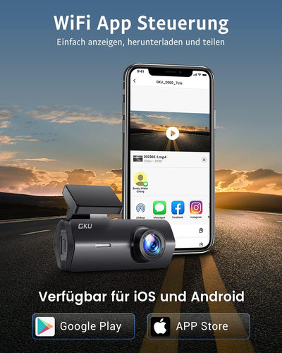 Dashcam Auto, GKU Dashcam Vorne 2.5K 1600P WiFi Auto Kamera 170° Weitwinkel Mini Front Dash Kamera m