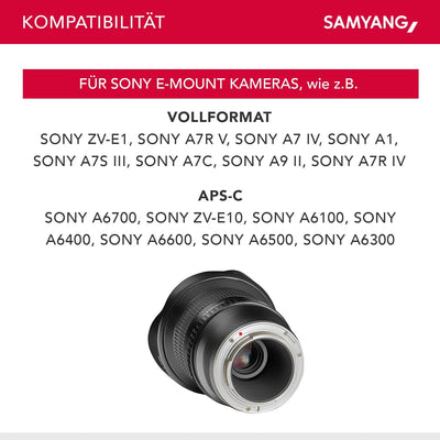 Samyang 7472 12/2,8 Objektiv Fisheye DSLR Sony E manueller Fokus Fotoobjektiv, Superweitwinkel schwa