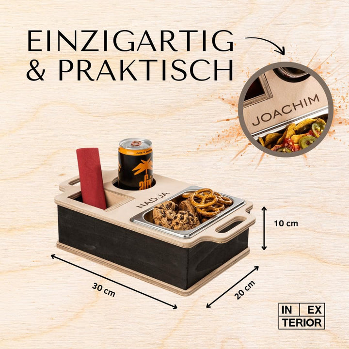 INEXTERIOR – Couchbar Couchi handgefertigt aus Holz in Schwarz mit Wunschgravur – Eckige Snack Box m