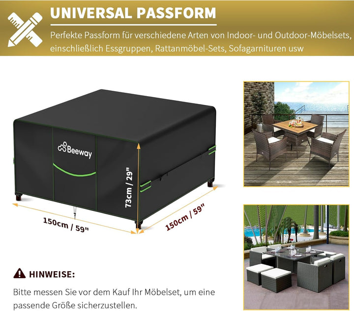 BEEWAY Gartenmöbel Abdeckung Wasserdicht V2.0 150x150x73cm, Schutzhülle Abdeckplane für Gartentische