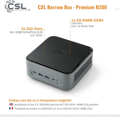 Mini PC CSL Narrow Box Premium Windows 11 Pro lüfterlos, Intel N200 4X 3700 MHz, 2000 GB M.2 SSD, 8