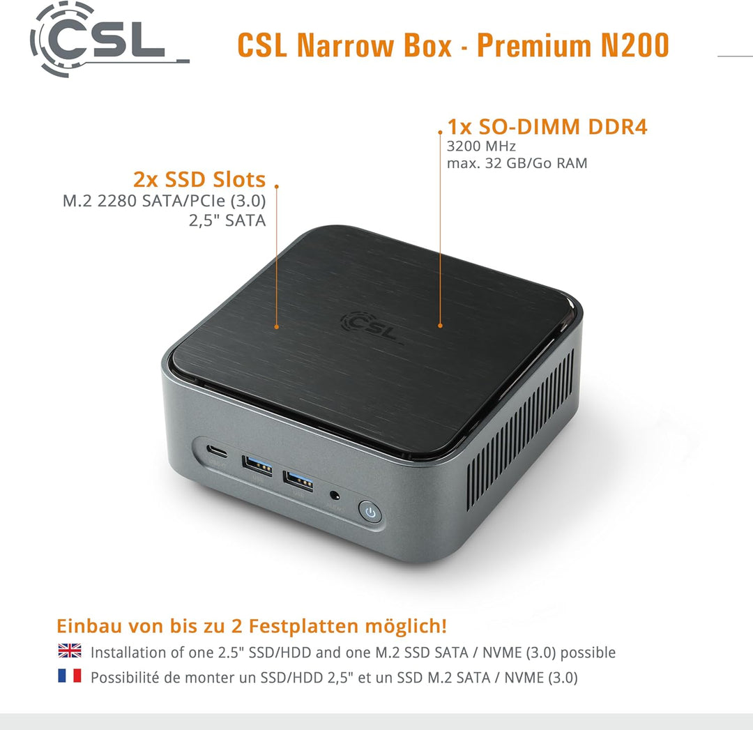 Mini PC CSL Narrow Box Premium Windows 11 Home lüfterlos, Intel N200 4X 3700 MHz Turbotakt, 500 GB M