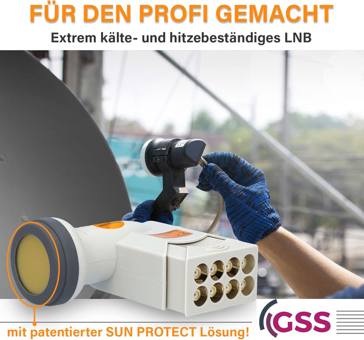 [ Test SEHR GUT, Note 1.2 *] GSS Helios Octo LNB mit LTE Abschirmung &amp; Sun Protect UV Schutz, Digita
