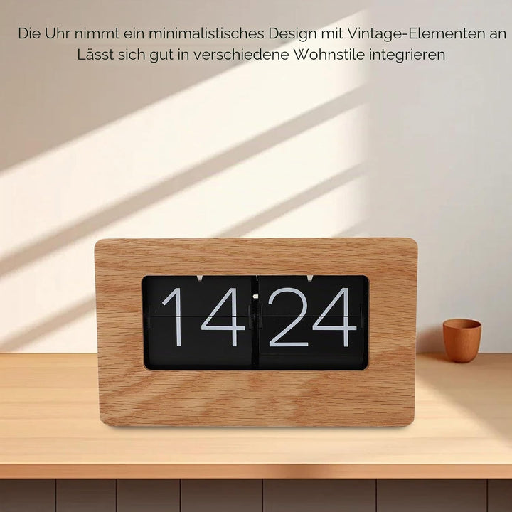Qcwwy Flip-Uhr Retro mit Holzdesign, Automatische Klappmechanik Digitaluhr, Geräuschlose Tischuhr im
