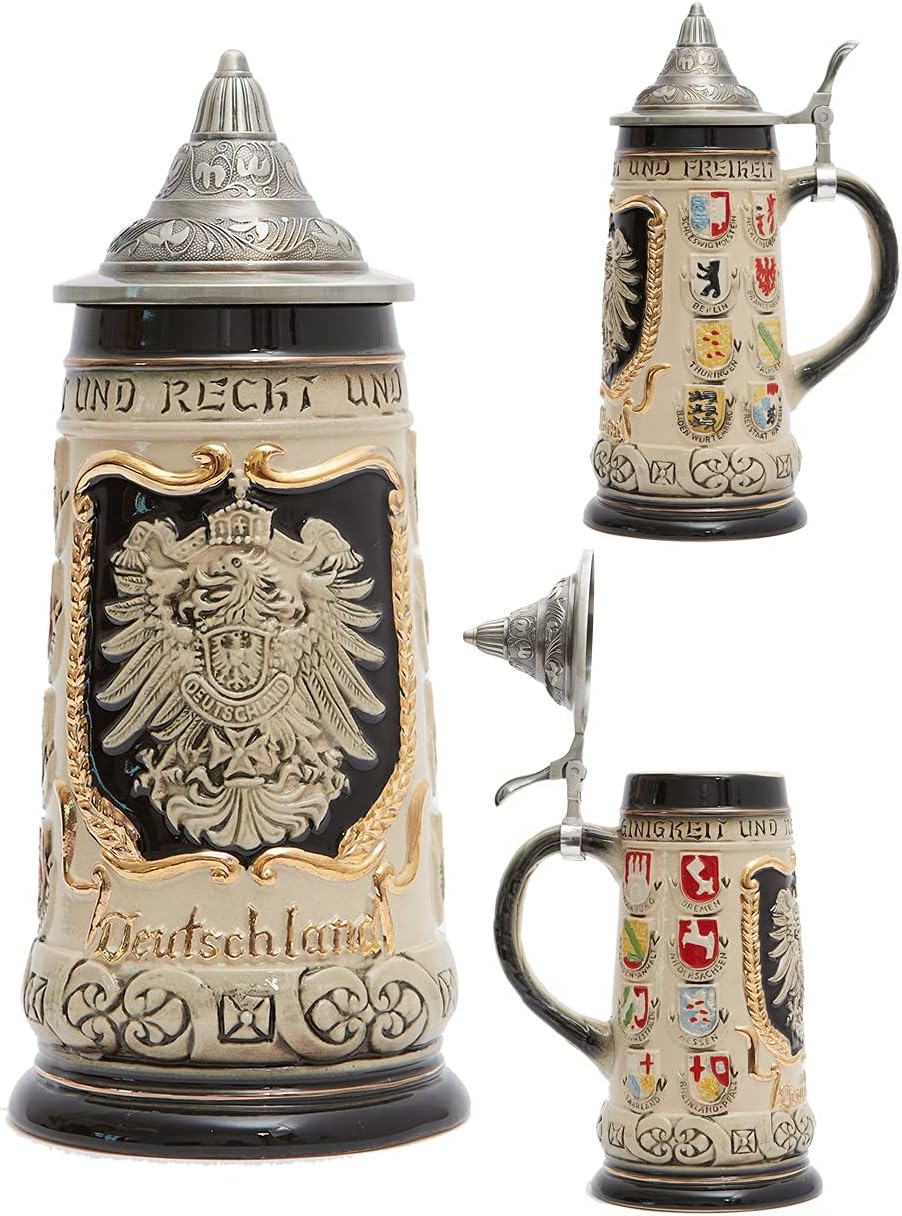 Amoy-Art Bierkrug mit Deckel Steinkrug Bierseidel Deutsch Schild Beer Stein Keramik Mug Geschenk 0.9