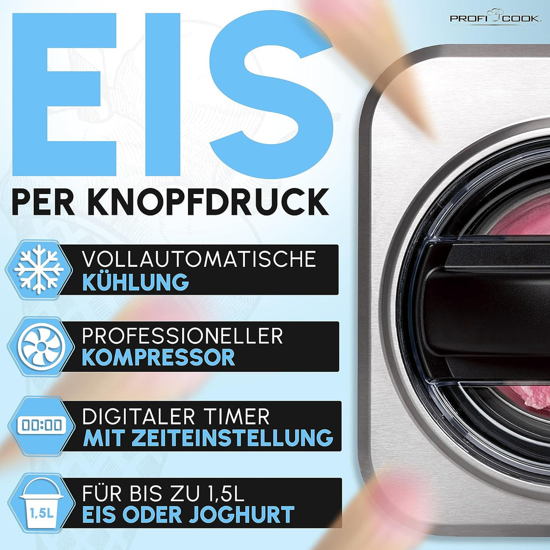 ProfiCook Eismaschine und Joghurtbereiter | Eis in 20 min. | für bis zu 1500ml | Eismaschine mit Kom