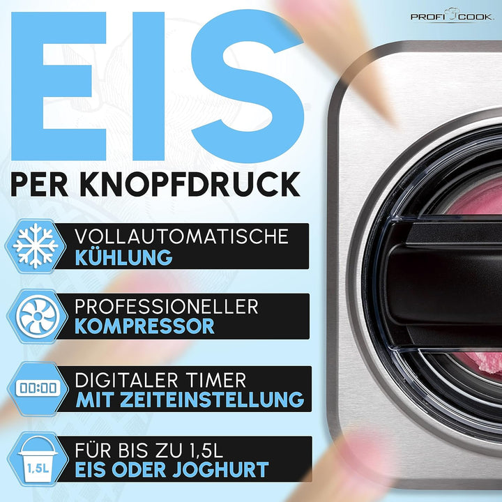 ProfiCook Eismaschine und Joghurtbereiter | Eis in 20 min. | für bis zu 1500ml | Eismaschine mit Kom
