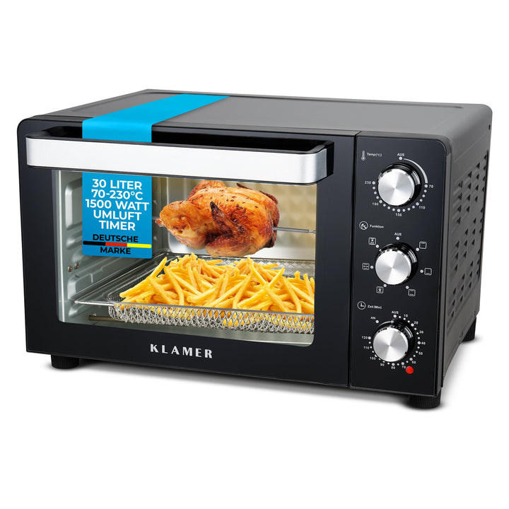 KLAMER Minibackofen mit Umluft (30 Liter), 6 Backfunktionen, 70-230°C, 120 min. Timer, Mini-Ofen ink