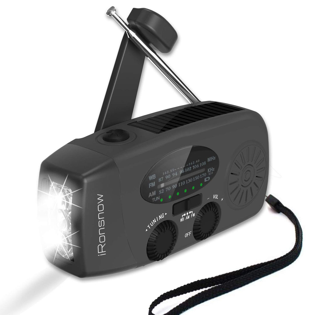 iRonsnow Notfall-Solarradio, Tragbare Kurbelradio mit LED-Taschenlampe, SOS-Alarm, AM/FM/WB Solar Wi