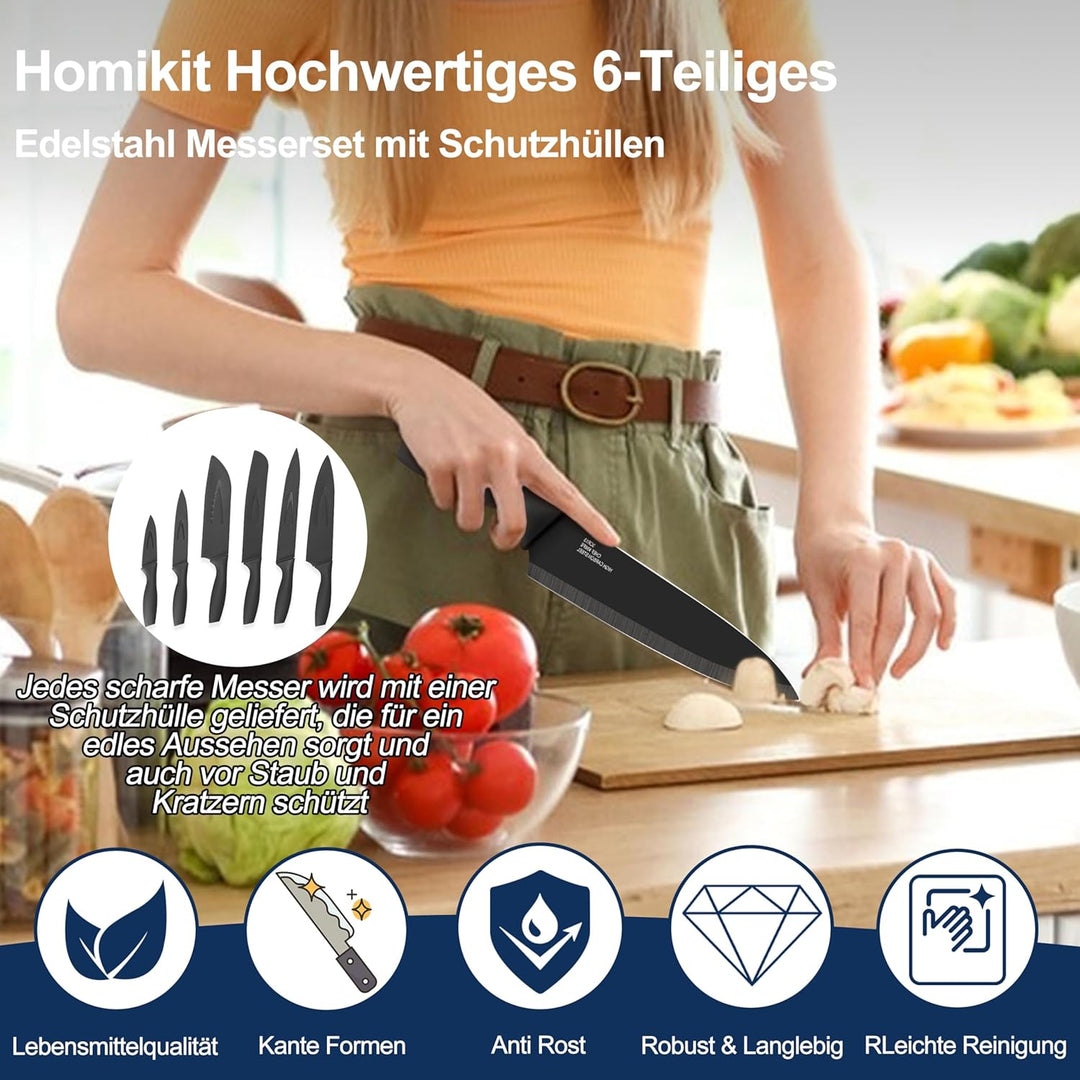 Homikit Küchenmesser Set, Edelstahl 6-tlg Messer Set mit Schutzhülle, Scharfes Messerset mit Kochmes