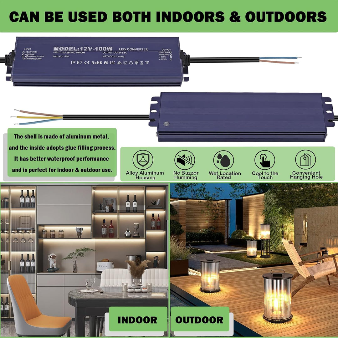 LED Trafo 12V 100W, IP67 Wasserdicht Transformator AC 100-264V auf DC 12V 8.3A LED Treiber, Ultradün