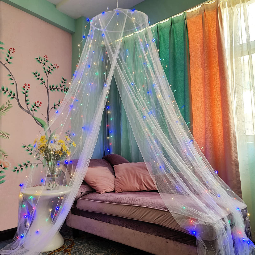 Eimilaly Betthimmel Moskitonetz mit 250pcs Bunte Vorhang Lichter, Betthimmel für Mädchen Zimmer Deko
