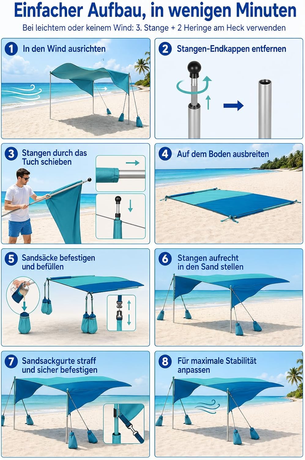 Strand-Sonnensegel 3 x 3 m, windfest, UPF 50+, für 4–6 Personen | 9,3 m² Schattenfläche mit Stangen