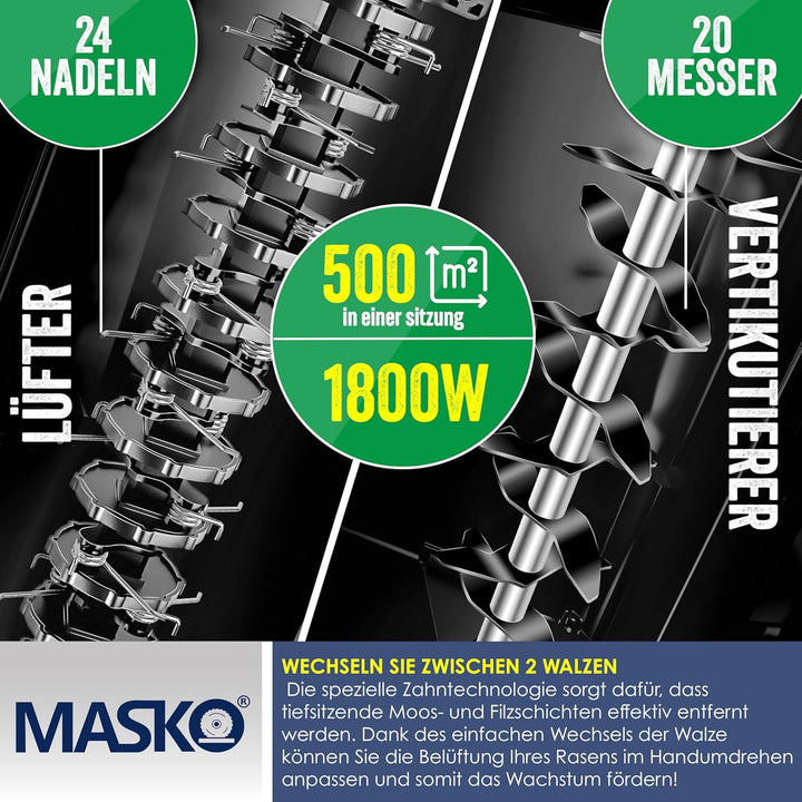 MASKO® Elektro 2in1 Vertikutierer Rasenlüfter 1800 Watt 40cm Arbeitsbreite 55L Fangkorb inkl. Lüfter