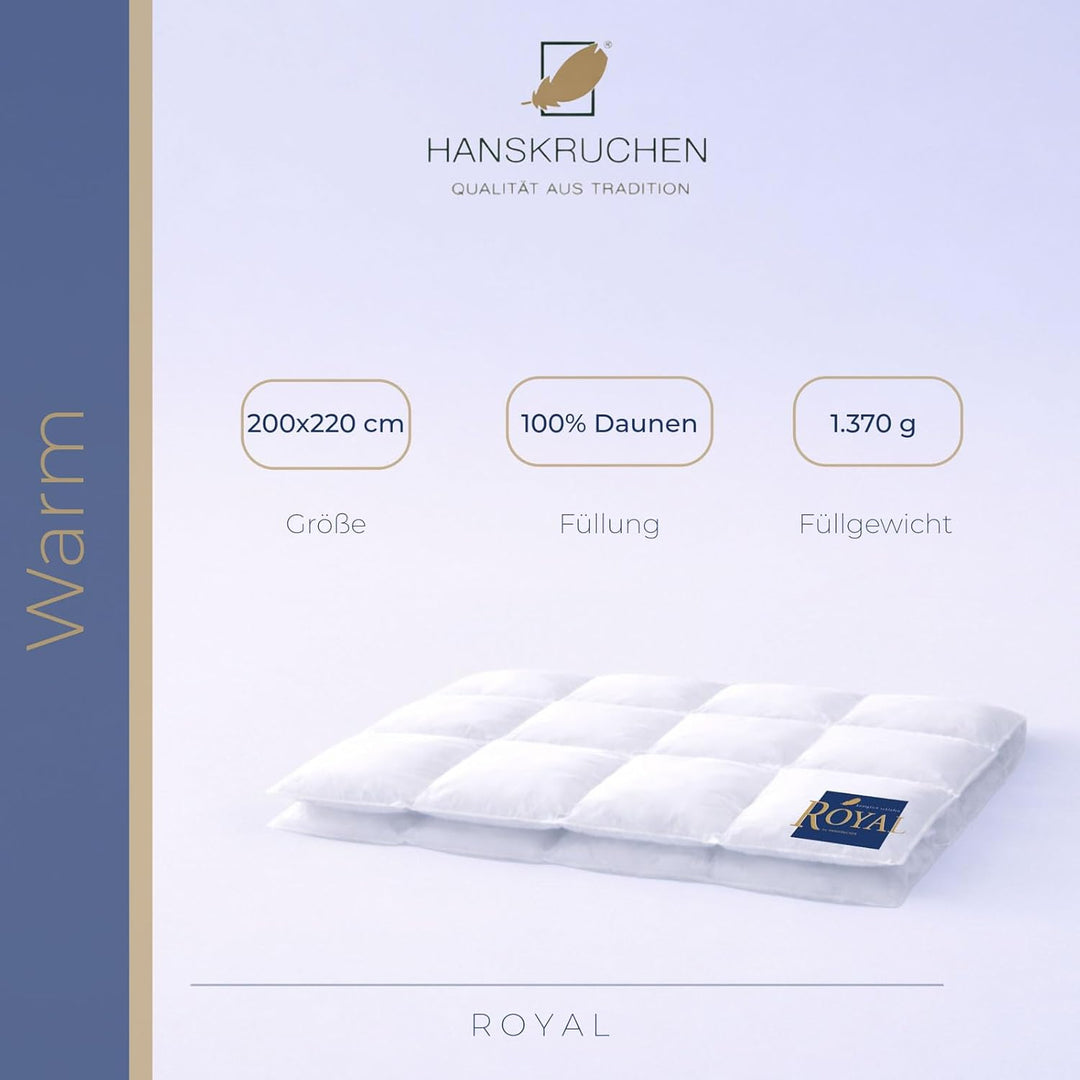 HANSKRUCHEN® Royal Daunendecke 200x200 cm - Warm / Winter - Made in Germany Kassettendecke aus 100%
