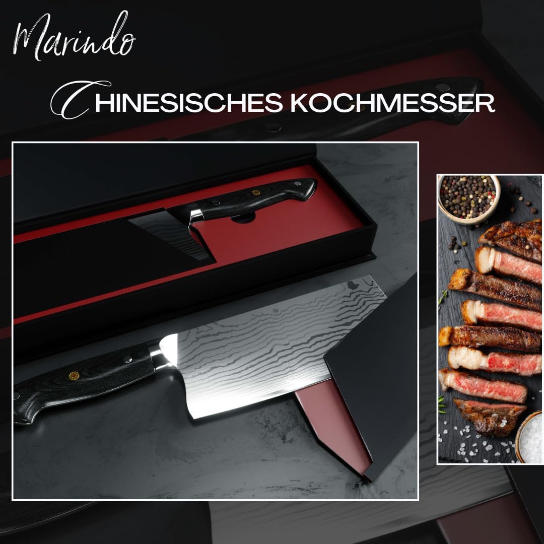 Marindo Chinesisches Kochmesser Edelstahl | 18cm Klingenlänge | Küchenbeil mit dreifach genietetem H