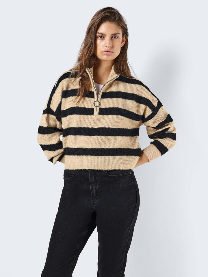 Noisy may Damen Nmnewalice L/S Half Zip Knit Noos Strickpullover XS Black/Stripes:irish Cream, XS Bl