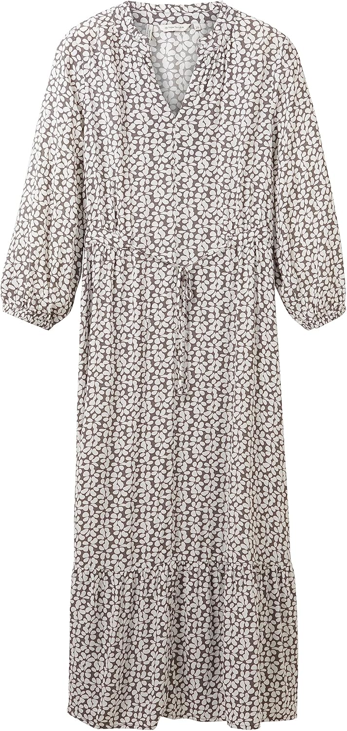 TOM TAILOR Damen Maxikleid mit Muster & Bindedetail, 33766 - Grey Floral Design