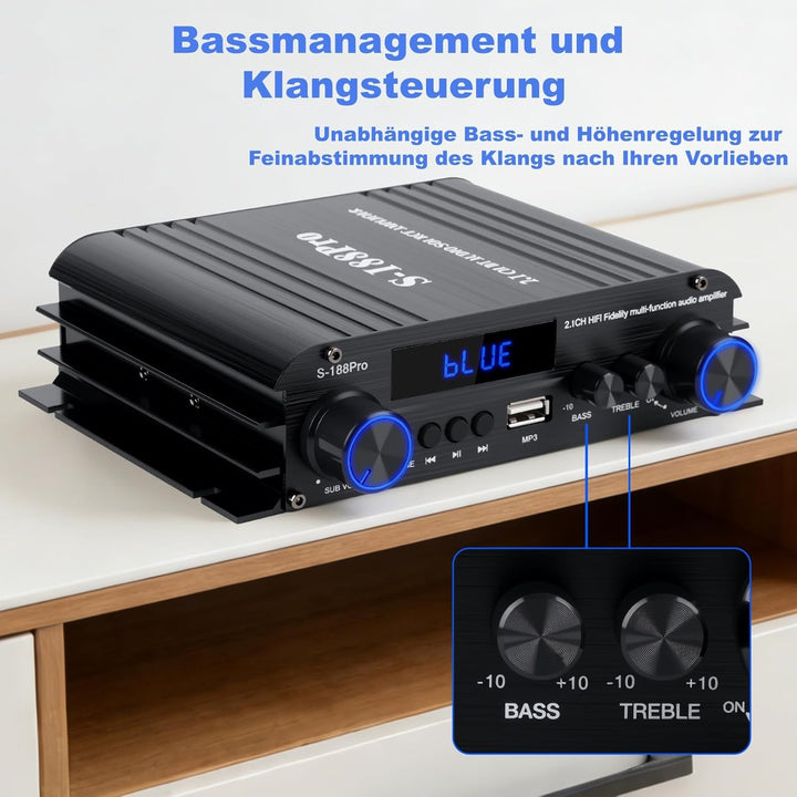 2.1 Kanal Mini hifi Verstärker - Bluetooth 5.3 Audioverstärker mit 1000W Peak | 50W×2 RMS + Subwoofe