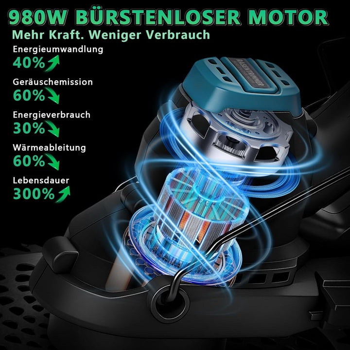 7-IN-1 Akku Rasentrimmer Kompatibel mit Makita Akkus 18V, 980W Bürstenloser Freischneider Akku mit 1