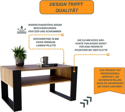 CraftPAK Wohnzimmer Tisch für Couch aus hochwertigem Holzwerkstoff, moderner Couchtisch mit zusätzli