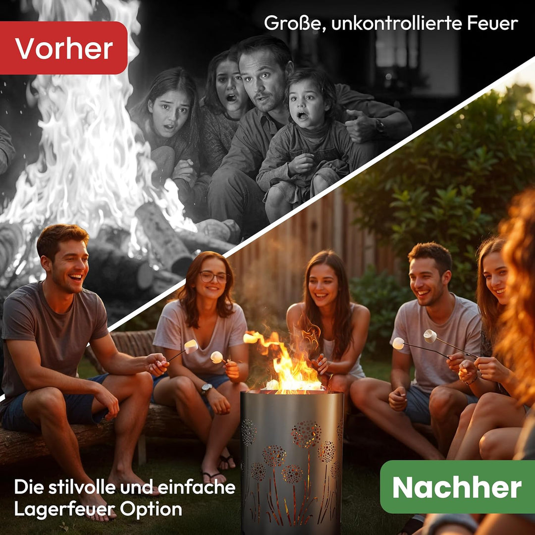 TiKo-Design Feuertonne Feuerkorb mit Motiv – Lagerfeuertonne mit Pusteblumen Motiv – Perfekt für gem