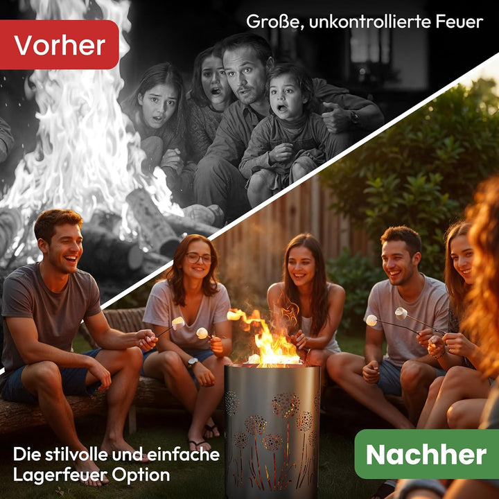 TiKo-Design Feuertonne Feuerkorb mit Motiv – Lagerfeuertonne mit Pusteblumen Motiv – Perfekt für gem