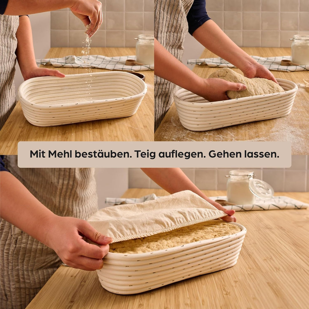 Gärkorb zum Brotbacken - Aus nachhaltigem Rattan - Oval - 35 cm - Set inkl. Bürste, Leineneinlage &
