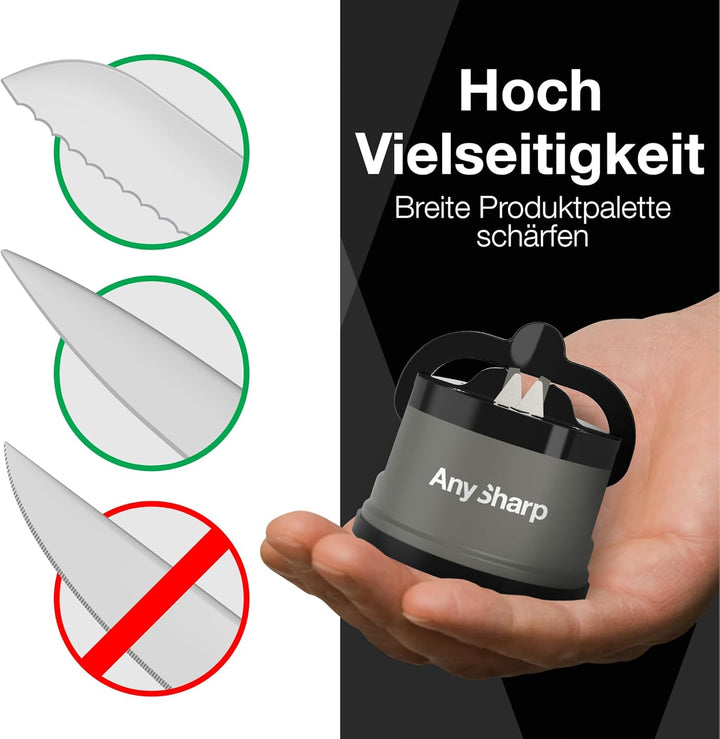 AnySharp Messerschärfer, Freihändige Sicherheit, PowerGrip Saugnapf, Sicheres Schärfen aller Küchenm