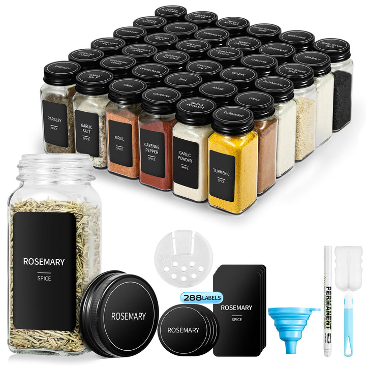 36 Gewürzgläser eckig quadratisch Set - 120ml Gewürzbehälter mit runden Aluminiumdeckeln, 288 Etiket