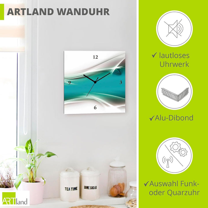 ARTLAND Wanduhr ohne Tickgeräusche Leinwand Quarzuhr 30x30 cm Quadratisch Lautlos Design Abstrakt Ku