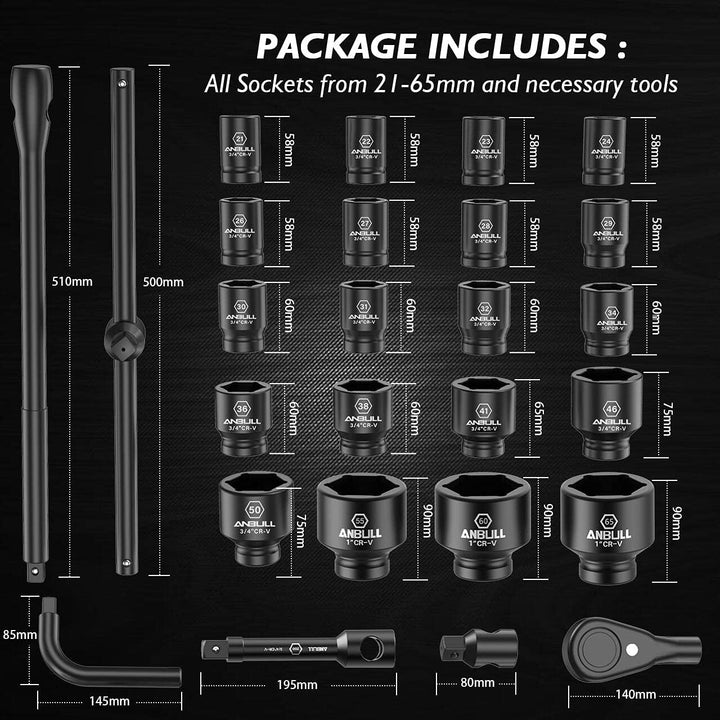 Anbull 3/4" and 1" Schlagschrauber Nuss Set, 26 Pcs Impact Socket Set Steckschlüsselsatz Satz, Metri