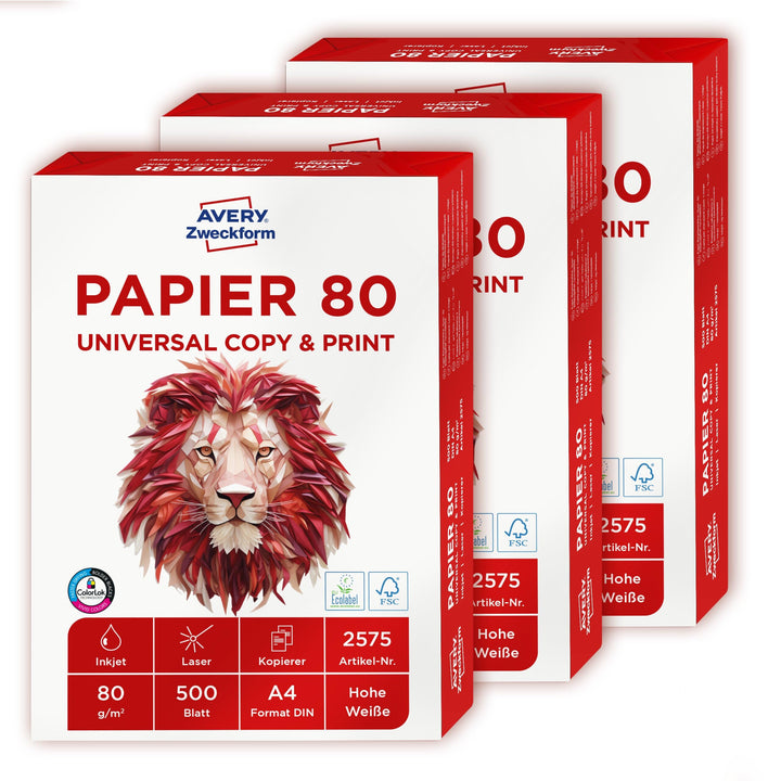 AVERY Zweckform 2575 Druckerpapier, Kopierpapier (1.500 Blatt, 80 g/m², DIN A4 Papier, weiss, für al