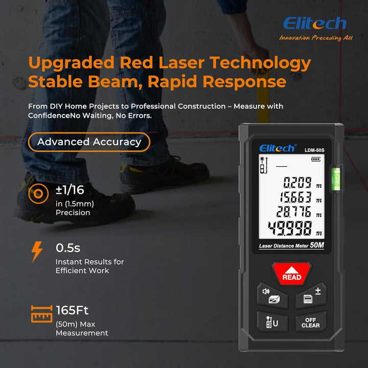 Elitech LDM-50-Series Laser Entfernungsmesser 50m Reichweite, ±2mm Genauigkeit, Flächen-/Volumen-/Py