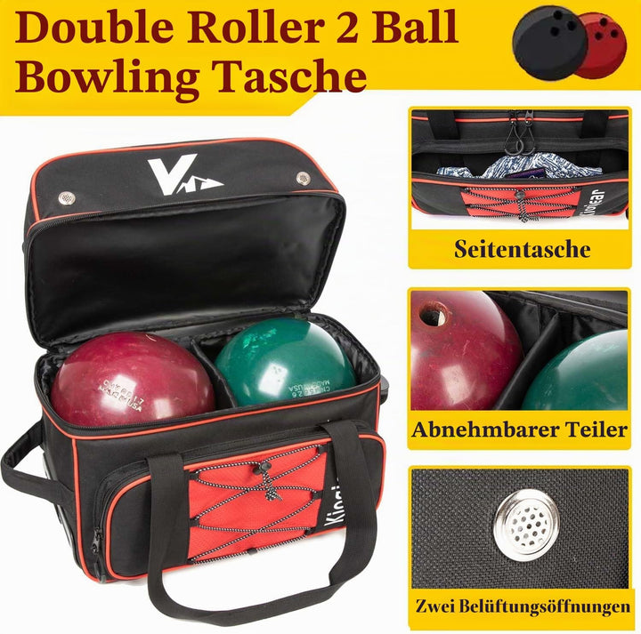 Kioqiear Bowlingtasche mit 2 Rollen und grossem separatem Schuhfach und übergrosser Zubehörtasche, 9