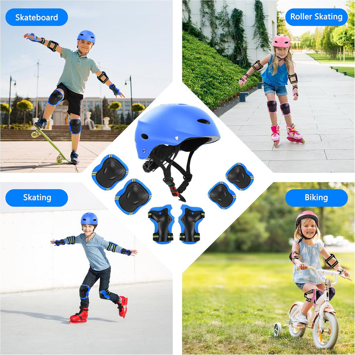 FAYITING Kinder-Schutzausrüstung, 7-in-1-Helm-Set, Knie Handgelenk und Ellbogenschützer für Skateboa
