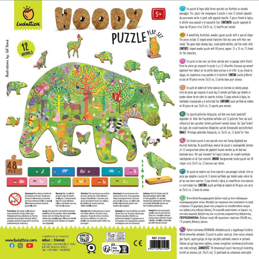 Ludattica Puzzle: Woody Puzzel FORêt, 25 x 35 cm, 48 Teile, 12 Figuren aus Holz, 5