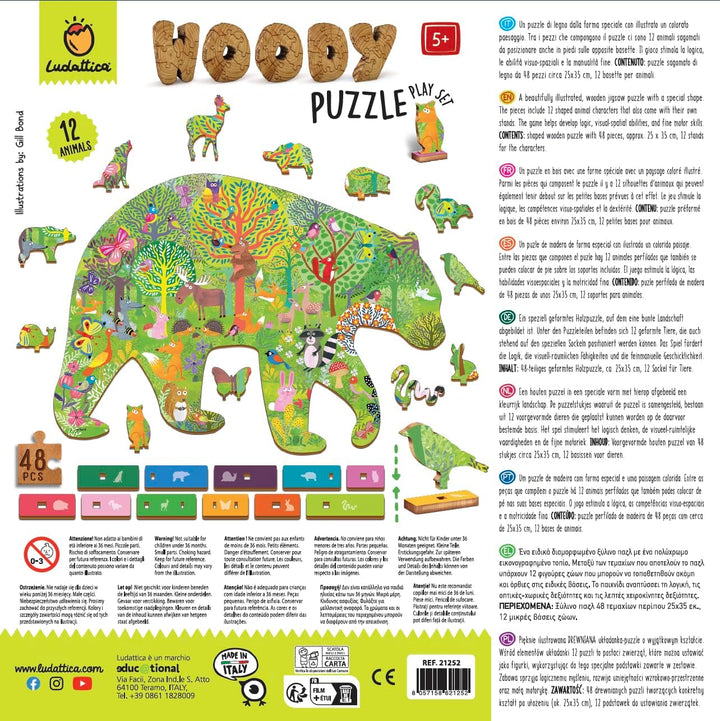 Ludattica Puzzle: Woody Puzzel FORêt, 25 x 35 cm, 48 Teile, 12 Figuren aus Holz, 5