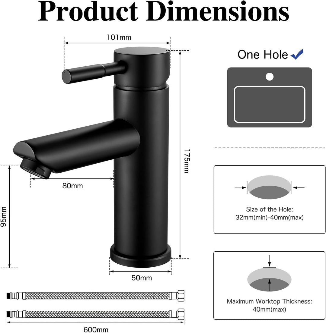 kisimixer Wasserhahn Bad Schwarz, 304 Edelstahl Waschtischarmatur Mischbatterie Waschbecken Armature