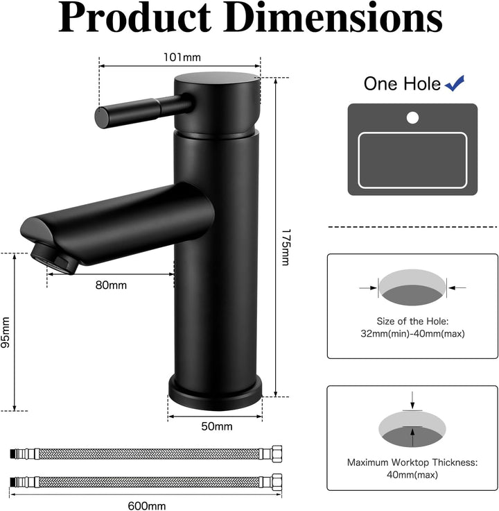 kisimixer Wasserhahn Bad Schwarz, 304 Edelstahl Waschtischarmatur Mischbatterie Waschbecken Armature