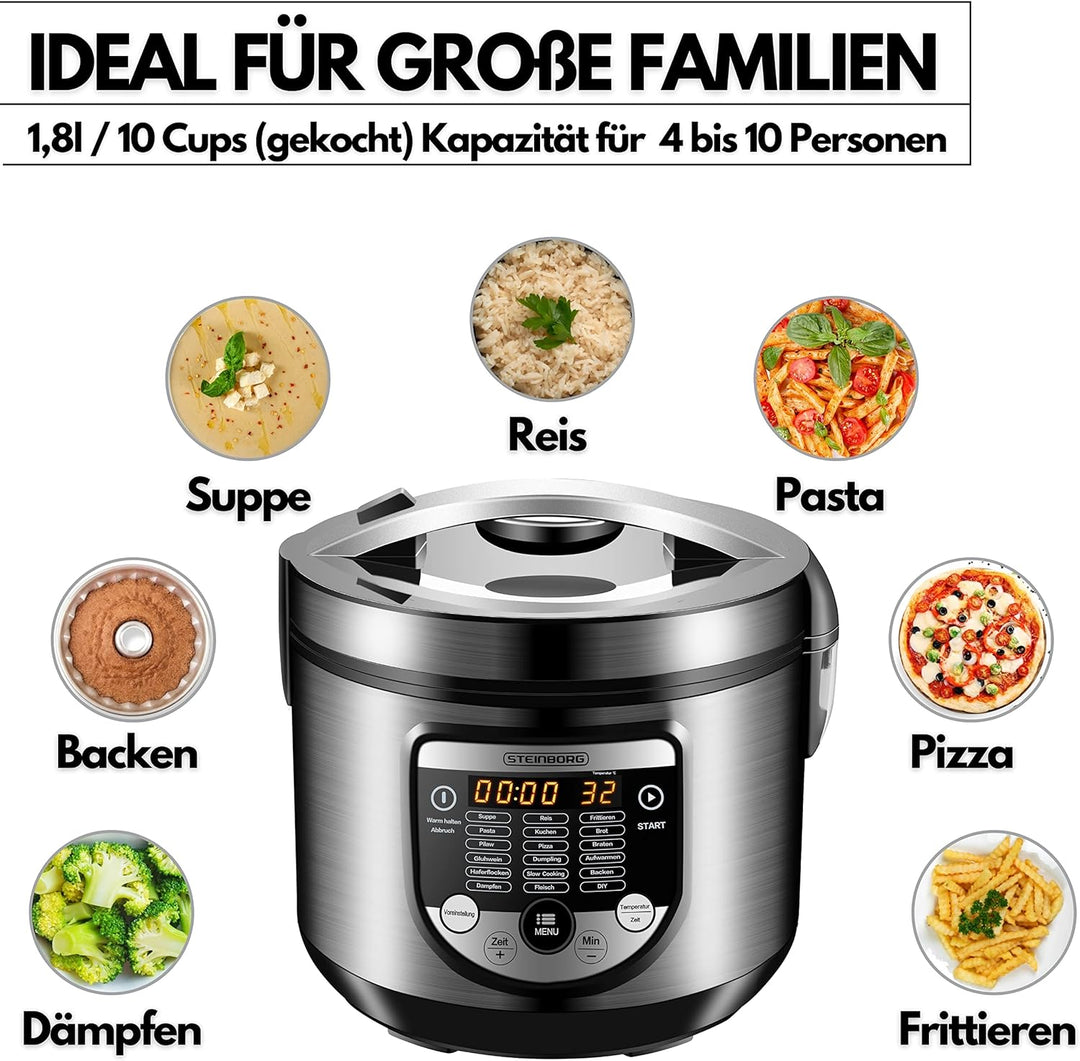 18in1 Multikocher Schongarer | 900 Watt | 5 Liter | Reiskocher | Dampfgarer | Speisewärmer | Sautier
