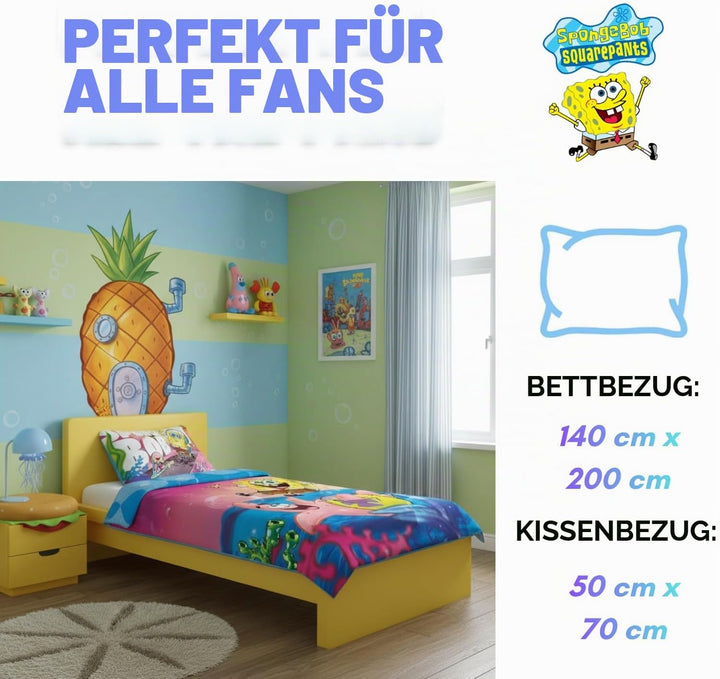 BrandMac Spongebob Schwammkopf Bettwäsche-Set für Kinderbetten | Einzelbett-Bettbezug 140x200 cm mit