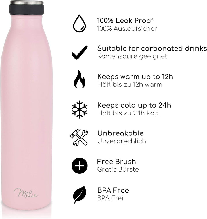 Milu Edelstahl Trinkflasche 350ml, 500ml, 750ml, 1000ml, 1.5L – Thermosflasche, Isolierte Wasserflas