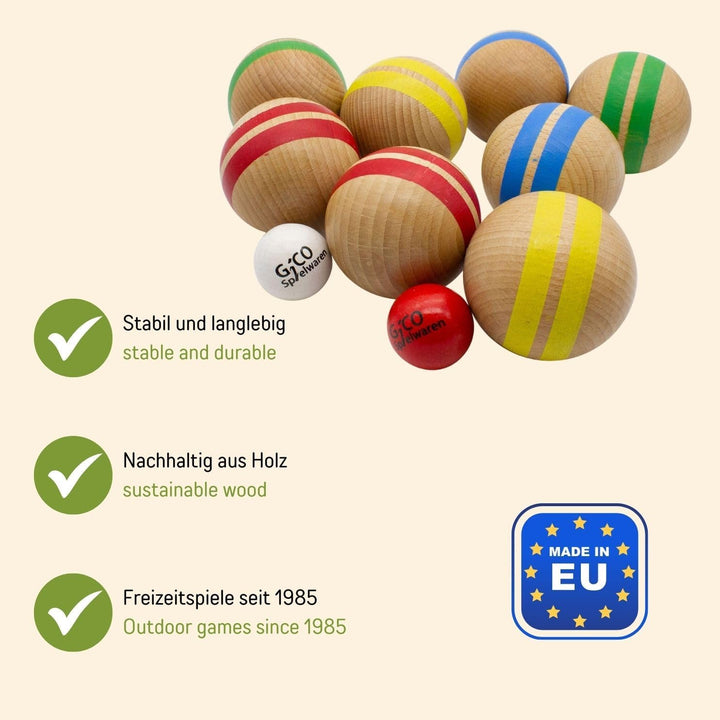 GICO Boccia Spiel aus Massivholz, gestreift mit 8 Kugeln, Durchmesser 7 cm. Made in EU - 3015
