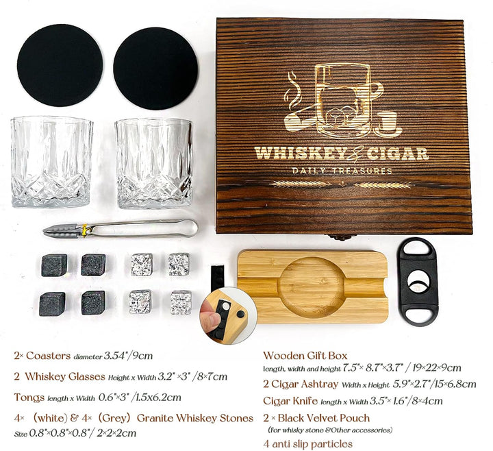 Daily Treasures Whiskey Steine Geschenkset mit hölzernem Aschenbecher&Schneider,Whiskey Gläser Set v